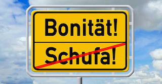 gelbes Straßenschild mit den Begriffen Bonität und Schufa zu dem Thema Bonitätsprüfung.